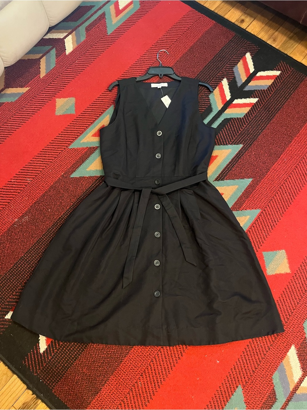 LOFT Black Sleeveless Button-Front Midi Dress with Tie Waist